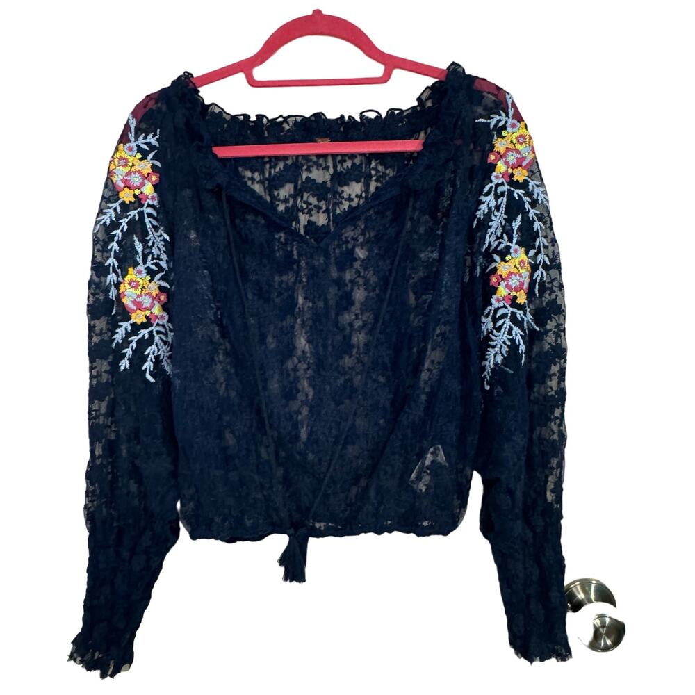 Free People Jubilee Blue Sheer Lace Embroidered Floral Boho Blouse XS